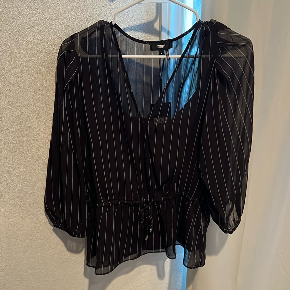 DKNY blouse black and white striped size medium